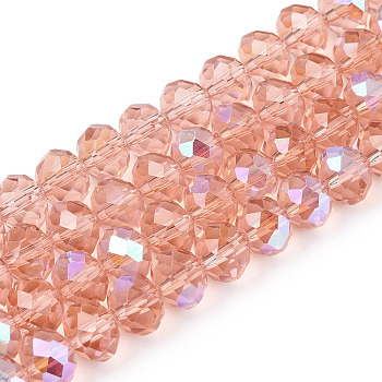 Electroplate Glass Beads Strands, Half Rainbow Plated, Faceted, Rondelle, Salmon, 8x6mm, Hole: 1mm, about 64~65pcs/strand, 40~41cm