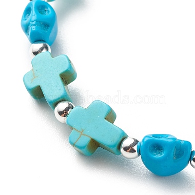 Synthetic Turquoise(Dyed) Cross & Skull Beaded Stretch Bracelet(BJEW-JB08449-04)-5