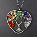 Natural Stone Chip Tree Of Life Chakra Pendant Necklaces, Platinum, Heart, 17.72 inch(45cm)(FS-WG982AE-04)