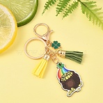 St. Patrick's Day Alloy Enamel & Faux Suede Tassel & Wood Keychains, with Iron Rings, Mixed Color, 112mm(KEYC-YW00199-06)