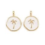 Brass Enamel Pendants, Flat Round & Coconut Tree Charms, Rack Plating, Cadmium Free & Lead Free, Long-Lasting Plated, Real 18K Gold Plated, White, 18x14x4mm, Hole: 4x2mm(KK-B157-15G-02)