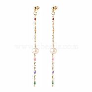 Natural Pearl Beaded Long Chain Dangle Stud Earrings for Women, Golden, Colorful, 80mm, Pin: 0.8mm(EJEW-JE04820)