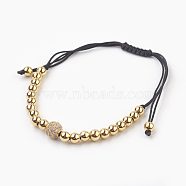 Brass Braided Bead Bracelets, with Cubic Zirconia and Nylon, Round, Golden, 2.4~7.4cm(BJEW-JB03835-02)