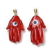 Handmade Lampwork Pendants, with Real 18K Gold Plated Brass Findings, Cadmium Free & Lead Free, Hamsa Hand/Hand of Miriam with Evil Eye, Red, 30x17x5.5mm, Hole: 5x3.5mm(LAMP-P057-02G-01)