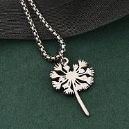 201 Stainless Steel Laser Cut Dandelion Pendant Box Chain Necklaces for Women, Stainless Steel Color, 23.62 inch(60cm)(NJEW-Q004-07P)