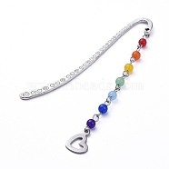 Chakra Theme, Tibetan Style Alloy Bookmarks, with Natural & Dyed Malaysia Jade Beads and 304 Stainless Steel Pendants, heart, Colorful, Pendants: about 86x10.5x4.5mm, 84x4.5x1.3mm(AJEW-JK00160-03)