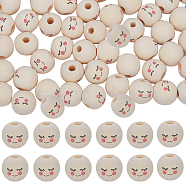 100Pcs Maple Wood European Beads, Printed, Large Hole Beads, Undyed, Round with Shy Expression, Blanched Almond, 17~18mm, Hole: 5mm(WOOD-GF0001-97)