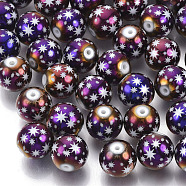 Christmas Electroplate Glass Beads, Round with Star Pattern, Purple Plated, 10mm, Hole: 1.2mm(X-EGLA-R113-07G)