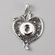 Alloy Rhinestone Hang Snap Base Pendant for Interchangeable Snap Charms Jewelry Making, Heart, Antique Silver, 52x39x5mm, Hole: 6x5mm, Button Hole: 9x4mm(FIND-WH0045-87AS)