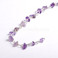 Handmade Natural Amethyst Chips Beads Chains for Necklaces Bracelets Making, with Silver Color Plated Iron Eye Pin, Unwelded, 39.3 inch, Beads: 5~9mm(AJEW-JB00043-04)