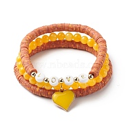 3Pcs 3 Style Natural Dyed Yellow Jade & Acrylic Word Love Beaded Stretch Bracelets Set with Alloy Enamel Heart Charms, Polymer Clay Heishi Surfer Preppy Bracelets for Women, Inner Diameter: 2-1/8~2-1/4 inch(5.3~5.7cm), 1Pc/style(BJEW-JB08924-03)