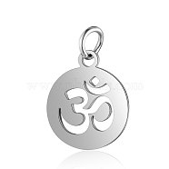 Chakra Theme Stainless Steel Pendants, with Jump Ring, Flat Round with Ohm/Aum, Stainless Steel Color, 1.7x1.2cm(CHAK-PW0001-031P)