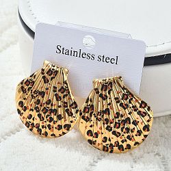 304 Stainless Steel Enamel Stud Earrings, Leopard, Real 18K Gold Plated, Shell Shape, 34.5x35mm(EJEW-Z084-15G-01)