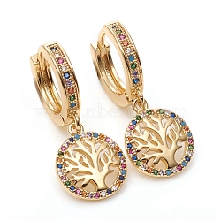 Brass Micro Pave Cubic Zirconia Huggie Hoop Earrings, Long-Lasting Plated, Flat Round with Tree of Life, Colorful, Golden, 30.5mm, Pin: 1mm(EJEW-G276-01G)