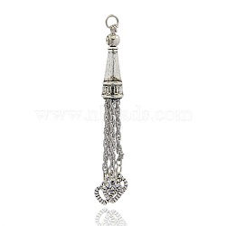Tibetan Style Alloy Tassels Big Pendants Mobile Accessories Findings, with Iron Chains and Heart Charms, Antique Silver, 78x10mm, Hole: 4mm(PALLOY-J493-07AS)