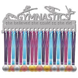 Fashion Iron Medal Hanger Holder Display Wall Rack, 20 Hooks, with Screws, Word GYMNASTICS, Silver Color Plated, 146x400mm(ODIS-WH0037-001)