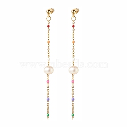 Natural Pearl Beaded Long Chain Dangle Stud Earrings for Women, Golden, Colorful, 80mm, Pin: 0.8mm(EJEW-JE04820)