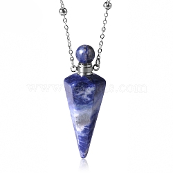 Natural Sodalite Faceted Cone Perfume Bottle Pendant Necklace, Aromatherapy Essential Oil Bottle Necklaces with Stainless Steel and Brass Chain Findings, Stainless Steel Color, 25.04 inch(63.6cm)(PW-WG8F691-03)