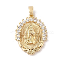 Brass Clear Cubic Zirconia Pendants, Long-Lasting Plated, Oval with Holy Virgin Charms, Golden, 29.5x22.5x4mm, Hole: 5x3mm(KK-Z050-13G)