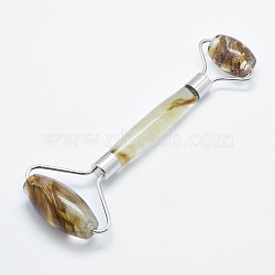 Tigerskin Glass Brass Face Massager, Facial Rollers, Platinum, 146~150x54~58x19~22mm(MRMJ-G008-23P)