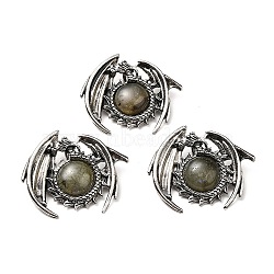 Natural Labradorite Pendants, Dragon Charms, with Rack Plating Antique Silver Tone Alloy Findings, Cadmium Free & Lead Free, 40x48x12mm, Hole: 9x6mm(G-B033-05AS-15)