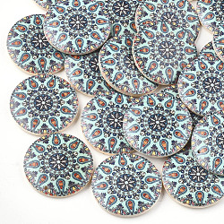 Printed Wooden Pendants, Flat Round, Pale Turquoise, 30x5mm, Hole: 1mm(WOOD-S045-034A)