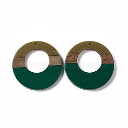 Opaque Resin & Walnut Wood Pendants, Ring Charms, Dark Green, 38x3.5mm, Hole: 2mm(RESI-M027-03F)