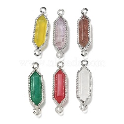 Natural Mixed stone Faceted Double Terminal Pointed Hexagon Connector Charms, with Rack Plating Brass Findings, Platinum, Mixed Dyed & Undyed, 23~24x6.5x4~5mm, Hole: 1.6mm(G-G181-04P)