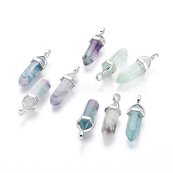 Natural Fluorite Double Terminated Pointed Pendants, with Random Alloy Pendant Hexagon Bead Cap Bails, Bullet, Platinum, 37~40x12mm, Hole: 3mm(X-G-F295-05I)