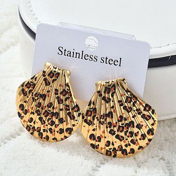 304 Stainless Steel Enamel Stud Earrings, Leopard, Real 18K Gold Plated, Shell Shape, 34.5x35mm