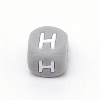 Silicone Alphabet Beads for Bracelet or Necklace Making, Letter Style, Gray Cube, Letter.H, 12x12x12mm, Hole: 3mm