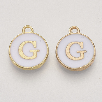 Golden Plated Alloy Enamel Charms, Enamelled Sequins, Flat Round, White, Letter.G, 14x12x2mm, Hole: 1.5mm, 50pcs/Box