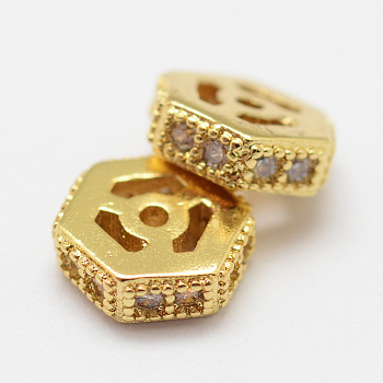Brass Micro Pave Cubic Zirconia Beads, Hexagon, Lead Free & Nickel Free, Golden, 6x5.5x2mm, Hole: 0.8mm