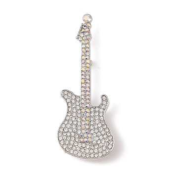 Guitar Alloy Rhinestone Musical Instruments Brooches, Platinum, Crystal, 69x26.5mm