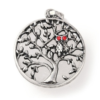 Natural Quartz Crystal Tree of Life with Owl Pendants, Rack Plating Anstique Silver Plated Alloy Siam Rhinestone Flat Round Charms, Lead Free & Cadmium Free, 31.5x27.5x10~11mm, Hole: 8x4mm