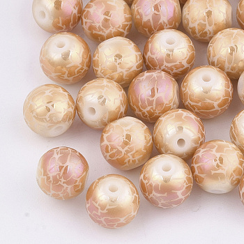 Electroplate Glass Beads, Round with Pattern, Sandy Brown, 8~8.5mm, Hole: 1.5mm