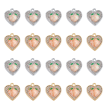40Pcs 2 Colors Alloy Enamel Pendants, with Rhinestone, Heart with Peach, Platinum & Golden, 17.5x16x3.3mm, Hole: 1.8mm, 20pcs/color