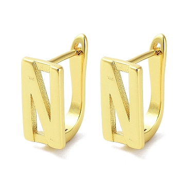Brass Letter Stud Earrings for Women, Lead Free & Cadmium Free, Real 18K Gold Plated, Letter N, 15x7mm