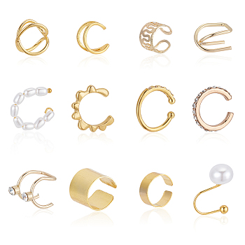 12Pcs 12Pcs Wave & Criss Cross Alloy Cuff Earrings, Crystal Rhinestone Non Pierced Earrings for Women, Golden, 9~15x2~11mm, 1Pc/style