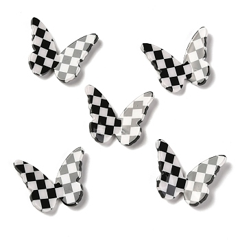 Opaque Resin Cabochons, Two Tone, for DIY Earring Accessories, Butterfly with Chessboard Pattern, Black, 22.5x27.5~28.5x4~5.5mm
