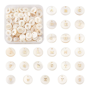 Pandahall Freshwater Shell Charms, Flat Round with Gold Blocking Letter, Letter A~Z, 11.5x2mm, Hole: 1.5mm, 104pcs/box