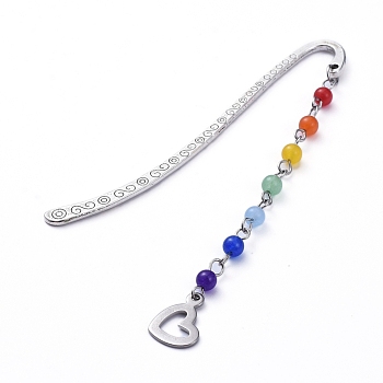 Chakra Theme, Tibetan Style Alloy Bookmarks, with Natural & Dyed Malaysia Jade Beads and 304 Stainless Steel Pendants, heart, Colorful, Pendants: about 86x10.5x4.5mm, 84x4.5x1.3mm