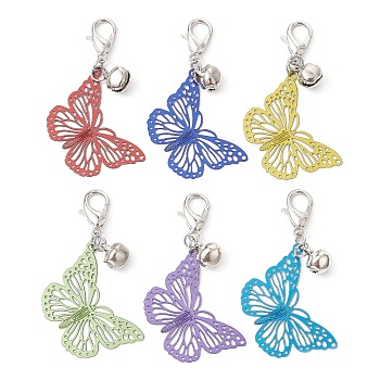 Butterfly Stainless Steel Pendant Decoration, with Iron Bell, Mixed Color, 40mm