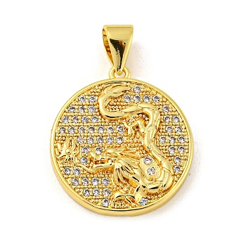 Real 18K Gold Plated Rack Plating Brass Micro Pave Cubic Zirconia Pendants, Long-Lasting Plated, Lead Free & Cadmium Free, Round with Dragon, Clear, 23.5x17x3mm, Hole: 4.5x3.5mm