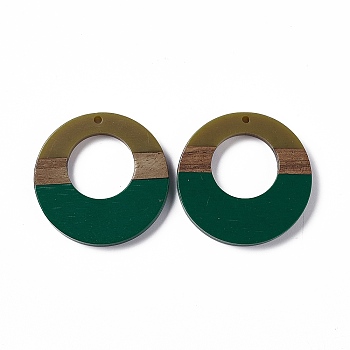 Opaque Resin & Walnut Wood Pendants, Ring Charms, Dark Green, 38x3.5mm, Hole: 2mm