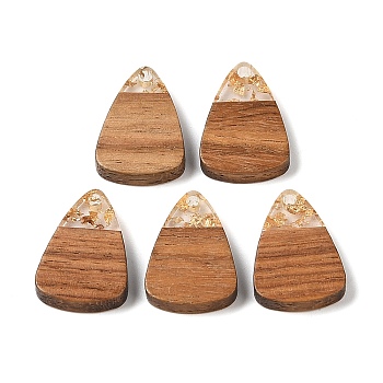 Resin & Wood Pendants, with Gold Foil, Triangle Charm, Clear, 23x15x3mm, Hole: 2mm