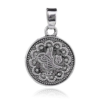 Flat Round with Flower Tibetan Style Alloy Carved Pendants, Antique Silver, 24x20x1.5mm, Hole: 4x7mm