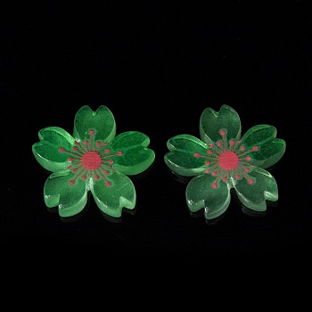Luminous Resin Cabochons, 5-Petal Flower/Sakura, Pale Green, 26x5mm