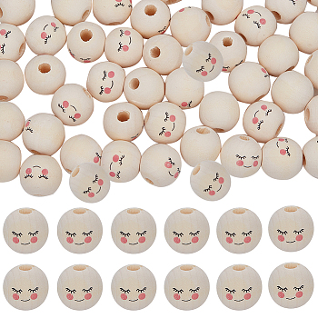 100Pcs Maple Wood European Beads, Printed, Large Hole Beads, Undyed, Round with Shy Expression, Blanched Almond, 17~18mm, Hole: 5mm