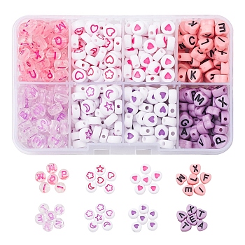 8 Style Pink & Purple Series Opaque Acrylic Beads, Flat Round & Heart, Mixed Color, about 8.5g/style, 480~510pcs/box